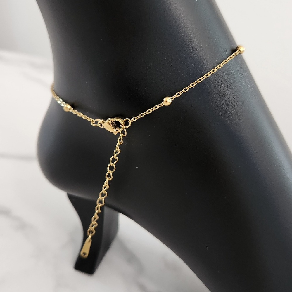 Gold Plated Bow Charm Beaded Chain Adjustable Dainty Anklet - Picture 10 of 12